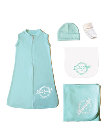 Green Infant baby newborn clothing gift set with sac, hat, socks, blanket, burp cloth with Yiddish design