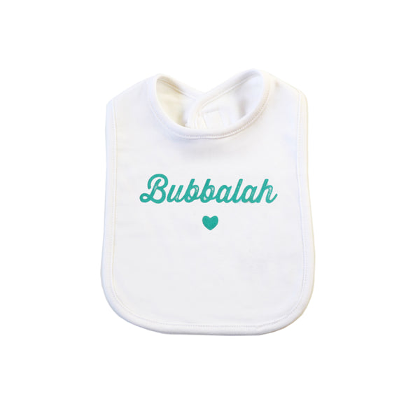 Green infant baby newborn clothing bib with Yiddish design