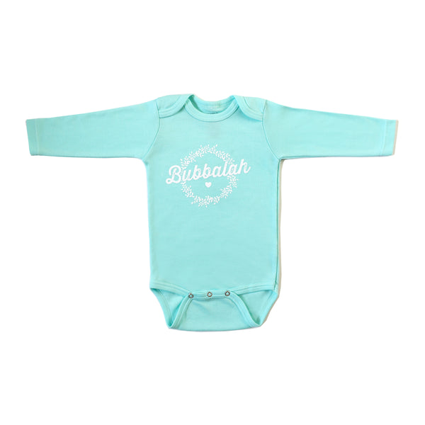 Green infant baby newborn clothing long-sleeved onesie with Yiddish design
