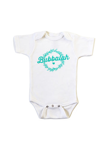 Green infant baby newborn clothing onesie with Yiddish design.