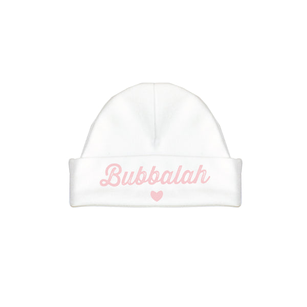 Pink infant newborn baby hat cap with Yiddish design saying.