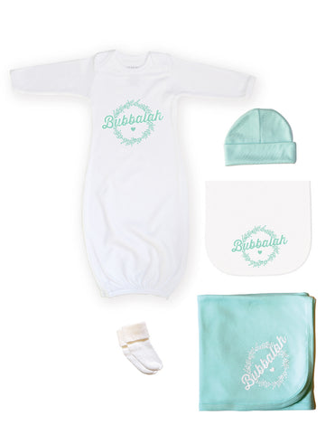 Green infant newborn baby clothing gift set with gown, hat, socks, blanket, burp cloth with Yiddish design saying