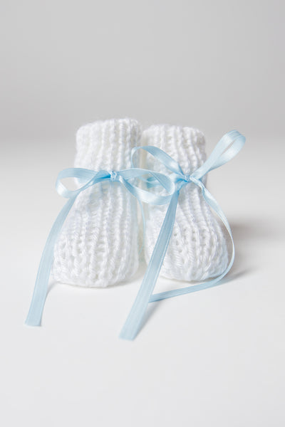Hand-knit White Booties with Sky Blue Ribbon