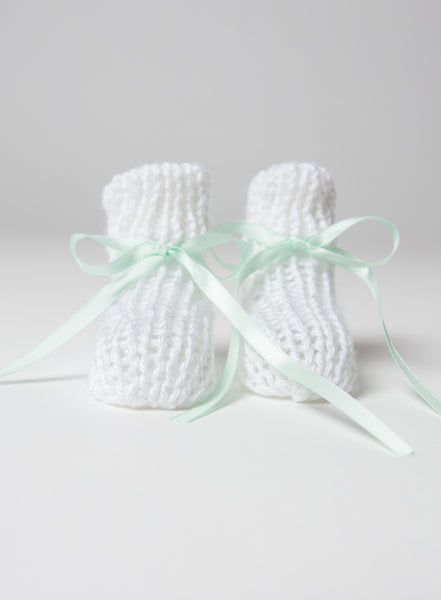 Hand-Knit White Booties with Mint Green Ribbon