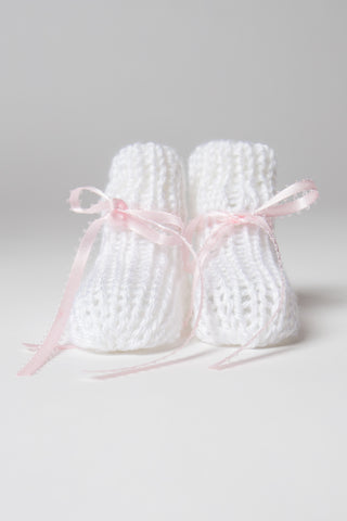 Hand-Knit White Booties with Rose Ribbon