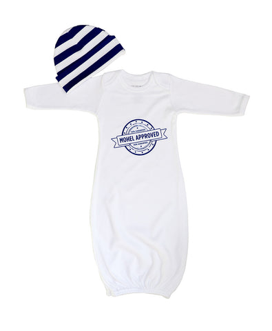 Bris infant newborn baby boy gift set of baby white gown with striped hat and Jewish design.