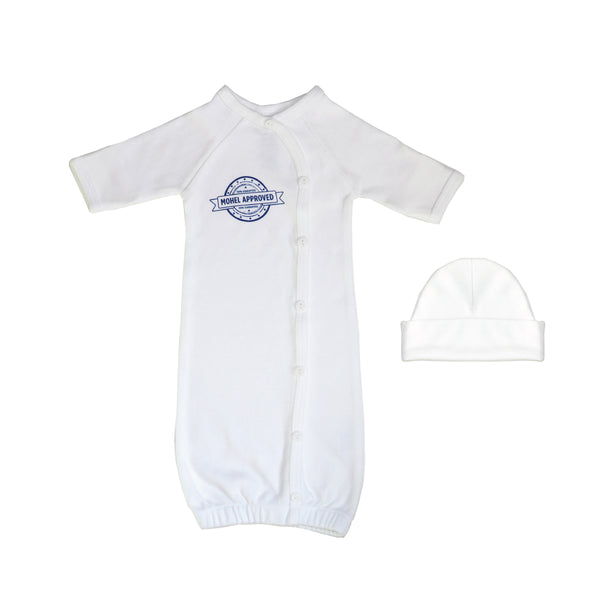 Bris infant newborn premmie gift set of white baby boy gown with white hat and Jewish design.